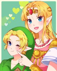 Rule 34 | 1boy, 1girl, :d, ;t, armor, bead necklace, beads, blonde hair, blue eyes, blush, bracer, cheek poking, circlet, closed mouth, earrings, forehead jewel, gem, green background, green headwear, heart, height difference, indisk irio, jewelry, link, long hair, necklace, nintendo, open mouth, parted bangs, pauldrons, pointy ears, poking, princess zelda, red gemstone, short sleeves, shoulder armor, sidelocks, smile, super smash bros., tabard, the legend of zelda, the legend of zelda: a link between worlds, the legend of zelda: a link to the past, the legend of zelda: ocarina of time, triforce, upper body, wavy mouth, young link