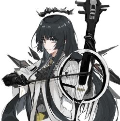 Rule 34 | 1girl, arknights, ascot, black ascot, black gloves, black hair, bright pupils, commentary request, gloves, grey eyes, highres, holding, holding instrument, instrument, long hair, shirt, simple background, solo, soramaru 310, upper body, very long hair, virtuosa (arknights), white background, white pupils, white shirt