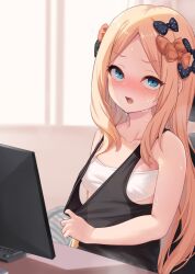 Rule 34 | 1girl, abigail williams (fate), bare arms, bare shoulders, black bow, black tank top, blonde hair, blue eyes, blush, bow, bra, breasts, chair, chinese commentary, collarbone, commentary request, dot nose, fate/grand order, fate (series), forehead, hair bow, hair ornament, highres, indoors, keyboard (computer), long hair, looking at viewer, milkshakework, monitor, office chair, on chair, open mouth, orange bow, parted bangs, polka dot, polka dot bow, sidelocks, sitting, small breasts, solo, sweat, swivel chair, tank top, underwear, very long hair, white bra
