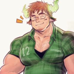 Rule 34 | 1boy, animal ears, bara, bespectacled, black tank top, blush, brown eyes, brown hair, bulge, chest hair, covered erect nipples, cow boy, cow ears, cow horns, facial hair, fiery horns, forked eyebrows, glasses, glowing horns, goatee, green shirt, highres, horns, large pectorals, looking at viewer, male focus, mature male, muscular, muscular male, navel, navel hair, pectoral cleavage, pectorals, shirt, short hair, short sleeves, sideburns, slapp (slapp backup), solo, spiked hair, tank top, thick eyebrows, thick thighs, thighs, tight clothes, tight shirt, tokyo houkago summoners, topless male, upper body, wakan tanka, white background