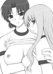 Rule 34 | 00s, 2girls, bazett fraga mcremitz, breasts, caren hortensia, clothes lift, fate/hollow ataraxia, fate/stay night, fate (series), greyscale, gym uniform, large breasts, monochrome, multiple girls, nipples, shichimenchou, shirt lift, simple background