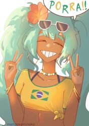 1girl absurdres aqua_eyes aqua_hair bloom bracelet brazilian_flag_print brazilian_miku breasts closed_eyes commentary crop_top double_v earrings eyewear_on_head flower grin hair_flower hair_ornament hatsune_miku highres jewelry long_hair mariposa_minako multicolored_nails necklace pixiv_username portuguese_text shirt simple_background small_breasts smile solo speech_bubble sunglasses tan teeth translated twintails upper_body v very_long_hair vocaloid white_background yellow_shirt