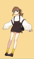 Rule 34 | 1girl, absurdres, ahoge, backpack, bag, baggy clothes, bow, bow earrings, brown eyes, brown footwear, brown hair, brown skirt, earrings, full body, hair ribbon, high-waist skirt, highres, jewelry, loafers, long sleeves, looking at viewer, miniskirt, nail polish, orange nails, original, ponytail, ribbon, shoes, simple background, skirt, socks, solo, suspender skirt, suspenders, sweater, turtleneck, turtleneck sweater, white sweater, yellow socks, yuu (higashi no penguin)