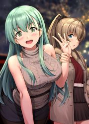 Rule 34 | 2girls, alternate costume, aqua hair, arm grab, bare shoulders, belt, blush, breasts, brown hair, brown legwear, casual, coat, commentary request, fur-trimmed coat, fur trim, green eyes, hair ornament, hairclip, highres, holding another&#039;s wrist, ichikawa feesu, jacket, kantai collection, kumano (kancolle), large breasts, long hair, looking at viewer, multiple girls, one eye closed, open clothes, open coat, open mouth, ponytail, skirt, sleeveless, smile, suzuya (kancolle), sweater, turtleneck, turtleneck sweater