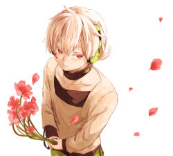 Rule 34 | 1boy, facial mark, flower, from above, headphones, highres, holding, holding flower, kagerou project, konoha (kagerou project), male focus, petals, red eyes, solo, upper body, white hair, yokoyama himena