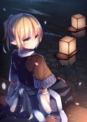 Rule 34 | 1girl, arm support, arm warmers, blonde hair, from behind, green eyes, hair between eyes, highres, japanese clothes, lantern, lantern on liquid, looking at viewer, miniskirt, mizuhashi parsee, paper lantern, pointy ears, pokio, ponytail, scarf, short hair, skirt, smile, snowing, solo, touhou, water, wooden floor