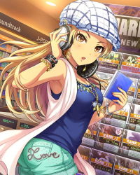 Rule 34 | 10s, 1girl, :o, armpits, artist request, bangle, bracelet, breasts, brown eyes, brown hair, cabbie hat, cartridge, casual, cd case, ceiling, chain, cleavage, coat, dog tags, dutch angle, earrings, fingernails, from behind, glint, hand on headphones, hat, headphones, holding, idolmaster, idolmaster cinderella girls, indoors, jewelry, jpeg artifacts, key, long fingernails, long hair, looking at viewer, looking back, matsunaga ryo, nail polish, necklace, official art, open clothes, open coat, pendant, pink nails, plaid, plaid headwear, sequins, shop, shorts, sleeveless, sleeveless coat, solo, spiked bracelet, spikes, tank top