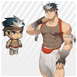 Rule 34 | 1boy, abs, absurdres, bandaged hand, bandages, bara, bare pectorals, bulge, chibi, covered penis, covering privates, cowboy shot, da thach (kienbiu), ero condo, facial hair, fishnet top, fishnets, flaccid, goatee stubble, hachimaki, headband, highres, kienbiu, male focus, muscular, muscular male, nipples, nude cover, official alternate costume, paid reward available, pectorals, see-through, short hair, simple background, solo, sparse arm hair, sparse chest hair, sparse leg hair, standing, stomach, stubble, wet, wet clothes