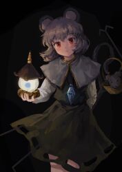 Rule 34 | 1girl, animal ears, basket, bishamonten&#039;s pagoda, black background, black skirt, black vest, capelet, dowsing rod, gold trim, grey capelet, grey hair, head tilt, highres, himuhino, jewelry, long sleeves, looking at viewer, mouse (animal), mouse ears, mouse girl, mouse tail, nazrin, pendant, red eyes, shirt, short hair, simple background, skirt, solo, tail, touhou, vest, white shirt