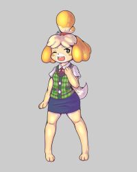 Rule 34 | 1girl, :3, animal crossing, animal ears, animal hands, barefoot, bell, blonde hair, blue skirt, breasts, brown eyes, buck teeth, dog ears, dog girl, dog tail, female focus, full body, furry, furry female, green vest, grey background, hair bell, hair ornament, hair tie, hand up, happy, highres, isabelle (animal crossing), jingle bell, jpeg artifacts, legs apart, miniskirt, neck ribbon, nintendo, one eye closed, open mouth, pencil skirt, plaid, plaid vest, red ribbon, ribbon, shirt, short hair, short sleeves, simple background, skirt, small breasts, smile, solo, standing, suenbroe, tail, teeth, topknot, vest, white shirt, wink