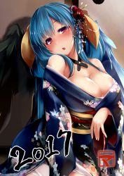 Rule 34 | 1girl, 2017, bare shoulders, black wings, blue hair, blue wings, blush, breasts, cleavage, dd mayohara, dizzy (guilty gear), feathered wings, floral print, guilty gear, hair ornament, japanese clothes, kimono, large breasts, long hair, looking at viewer, obi, red eyes, sash, solo, wings