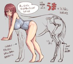 Rule 34 | 1girl, anatomy, barefoot, bent over, blush, breasts, brown eyes, brown hair, comparison, glasses, horse, large breasts, aged up, one-piece swimsuit, rozen maiden, short hair, solo focus, souseiseki, swimsuit, translation request, tsuda nanafushi