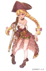 Rule 34 | 1girl, ankle boots, bare shoulders, belt, belt buckle, blonde hair, blush, boots, bow, braid, breasts, buckle, cleavage, collarbone, detached collar, detached sleeves, eyebrows, female focus, frills, full body, gloves, gun, hair bow, hair ornament, hat, holding, holding weapon, legs apart, long hair, looking at viewer, maurette (sennen sensou aigis), musket, official art, open mouth, pirate hat, purple eyes, sennen sensou aigis, simple background, sleeve cuffs, small breasts, solo, standing, teeth, thighhighs, thighs, twin braids, upper teeth only, very long hair, weapon, white background, white gloves, white thighhighs, yaman (yamanta lov)