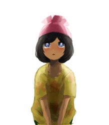 Rule 34 | 1girl, bad id, bad pixiv id, beanie, black hair, blue eyes, blush, collarbone, creatures (company), eye reflection, floral print, game freak, gen 7 pokemon, green shorts, hat, leaning forward, looking up, nintendo, open mouth, pheromosa, player character, pleo, pokemon, pokemon sm, red hat, reflection, selene (pokemon), shirt, short hair, short sleeves, shorts, simple background, solo, swept bangs, ultra beast, white background, yellow shirt