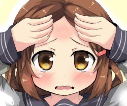 Rule 34 | 10s, 1girl, blush, brown eyes, brown hair, close-up, commentary request, fang, forehead, hair ornament, hairclip, hands in hair, highres, ikazuchi (kancolle), kantai collection, looking at viewer, open mouth, oshiruko (uminekotei), school uniform, serafuku, short hair, skin fang, solo, tears, wavy mouth