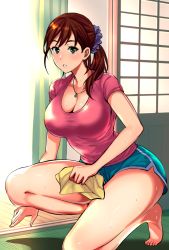 Rule 34 | 1girl, backlighting, barefoot, blush, breasts, brown hair, cleaning, cleavage, cloth, green eyes, highres, indoors, jewelry, large breasts, long hair, looking at viewer, mature female, necklace, on one knee, original, parted lips, pink shirt, ponytail, pukara, purple scrunchie, scrunchie, shirt, short shorts, shorts, sliding doors, solo, sweat, t-shirt, thighs