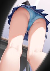 Rule 34 | 1girl, ass, black hair, blue panties, blue skirt, commentary request, from behind, from below, highres, long hair, original, panties, pantyshot, plaid clothes, plaid skirt, ponytail, school uniform, shirt, sironora, skirt, solo, standing, underwear, upskirt, white shirt