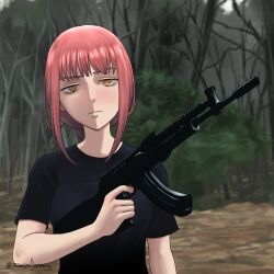 Rule 34 | 1girl, akm, assault rifle, bare tree, black shirt, breasts, chainsaw man, closed mouth, commentary, day, english commentary, finger on trigger, forest, frown, gun, highres, holding, holding gun, holding weapon, kalashnikov rifle, long hair, looking at viewer, makima (chainsaw man), medium breasts, nature, outdoors, red hair, reizicherry, rifle, ringed eyes, sam hyde, self-upload, shirt, short sleeves, solo, t-shirt, tree, twitter username, upper body, weapon, yellow eyes