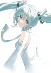 Rule 34 | 1girl, absurdres, aqua eyes, aqua hair, aqua necktie, bare shoulders, closed mouth, commentary request, detached sleeves, from behind, grey shirt, hatsune miku, highres, long sleeves, looking at viewer, mixed-language commentary, necktie, number tattoo, potate, shirt, simple background, sleeveless, sleeveless shirt, solo, tattoo, upper body, vocaloid, white background