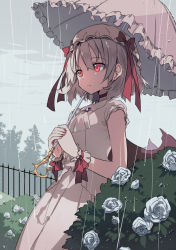 Rule 34 | 1girl, adapted costume, brooch, bush, cloud, dark clouds, day, dress, fence, flower, from side, garden, hair between eyes, hat, holding, holding umbrella, jewelry, light purple hair, mob cap, outdoors, pink dress, rain, red eyes, remilia scarlet, rose, serious, short hair, sketch, sleeveless, sleeveless dress, solo, touhou, tree, umbrella, usalxlusa, white flower, white rose, wrist cuffs