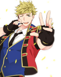 Rule 34 | 1boy, black gloves, blonde hair, blue vest, collared shirt, cropped jacket, epaulettes, fingerless gloves, gloves, granblue fantasy, headset, idol, jacket, looking at viewer, male focus, necktie, one eye closed, open clothes, open jacket, open mouth, red jacket, shirt, short hair, simple background, smile, solo, touya tsuzuru, upper body, vane (granblue fantasy), vest, white background, white shirt