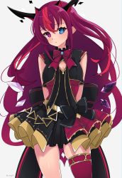 Rule 34 | 1girl, absurdres, belt, black bow, black skirt, black vest, blue eyes, blush, bow, bow skirt, bowtie, breasts, cleavage, cleavage cutout, clothing cutout, heterochromia, highres, hololive, hololive english, hololive idol uniform, irys (hololive), irys (irys 1.0) (hololive), layered skirt, long hair, looking at viewer, magui3, medium breasts, miniskirt, purple eyes, purple hair, purple thighhighs, single thighhigh, skindentation, skirt, skirt set, solo, thighhighs, vest, virtual youtuber, wrist cuffs