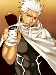Rule 34 | 1boy, archer (fate), bandages, cape, fate/stay night, fate (series), fingerless gloves, gloves, gradient background, male focus, mitsuki mitsuno, sleeveless, solo, white hair