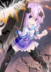 Rule 34 | attack, blocking, boots, breasts, choker, clenched hand, dress, hair ornament, hairclip, highres, hood, hoodie, jersey, jersey dress, leggings, naoya ee, neptune (neptunia), neptune (series), purple eyes, purple hair, serious, short hair, small breasts, thighhighs, thighs, zettai ryouiki