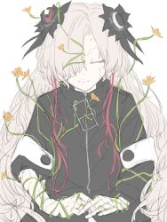 Rule 34 | 1girl, absurdres, asymmetrical sleeves, black coat, black flower, closed eyes, closed mouth, coat, commentary request, cracked skin, doll joints, facing viewer, flower, grey hair, hair flower, hair ornament, hair over one eye, high collar, highres, isekai joucho, joints, kamitsubaki studio, kino (kin0 oz), long hair, missing finger, multicolored hair, overgrown, red hair, solo, streaked hair, uneven sleeves, upper body, very long hair, virtual youtuber, wavy hair, yellow flower, zipper, zipper pull tab