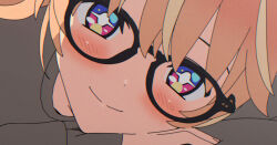 Rule 34 | + +, 1girl, 3d, black-framed eyewear, black shirt, blender (medium), blonde hair, bright pupils, cel shading, close-up, closed mouth, commentary, cropped, flower, glasses, hair flower, hair ornament, long sleeves, looking at viewer, medium hair, mixed-language commentary, multicolored eyes, multicolored hair, orange hair, paid reward available, pink eyes, portrait, purple eyes, rinne (rinrinne), rinrinne, rinrinne39 (artist), romaji commentary, shirt, short twintails, smile, solo, split mouth, streaked hair, t-shirt, twintails, virtual youtuber, white pupils