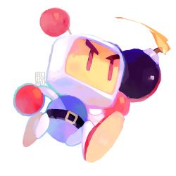 Rule 34 | antennae, artist name, belt, bluumi, bomb, bomberman, carrying, commentary, english commentary, explosive, full body, male focus, running, serious, signature, solo, transparent background, white bomberman, | |, || ||