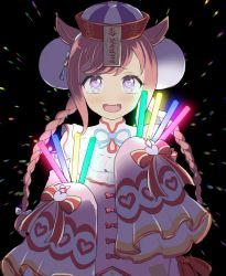 Rule 34 | 1girl, agnes digital (lovely jiangshi) (umamusume), agnes digital (umamusume), animal ears, blue eyes, blush, braid, bun cover, double bun, dress, glowstick, hair bun, hands up, hat, heart, heart-shaped pupils, highres, holding glowstick, horse ears, long hair, looking at viewer, low twin braids, ofuda, open mouth, pink dress, pink hair, sangria (sangria69), sleeves past fingers, sleeves past wrists, smile, solo, symbol-shaped pupils, twin braids, umamusume, upper body