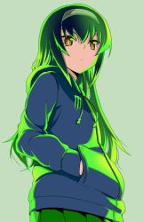 Rule 34 | 1girl, aokaze (mimi no uchi), brown eyes, closed mouth, drawstring, frown, girls und panzer, green background, green hair, green hoodie, green skirt, green theme, grey hairband, hairband, hands in pockets, hood, hood down, hoodie, long hair, long sleeves, looking at viewer, pleated skirt, reizei mako, simple background, skirt, solo, standing