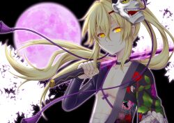 Rule 34 | 1boy, ayasaki (module), blonde hair, expressionless, eyeshadow, full moon, glowing, glowing eyes, hannya, holding, holding sword, holding weapon, japanese clothes, kagamine len, katana, knife (vocaloid), long hair, looking at viewer, makeup, mask, mask on head, mio (ocean party), moon, official alternate costume, official alternate hair length, official alternate hairstyle, over shoulder, pectorals, ponytail, project diva (series), project diva f 2nd, red eyeshadow, solo, sword, sword over shoulder, vocaloid, weapon, weapon over shoulder, yellow eyes