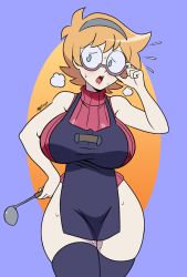 Rule 34 | 1girl, absurdres, adjusting eyewear, aged up, alternate breast size, apron, black thighhighs, blue eyes, blush, breasts, brown hair, covered erect nipples, curvy, glasses, hair ornament, hairband, hand on own hip, highres, huge breasts, little witch academia, lotte jansson, mature female, open mouth, red sweater, short hair, simple background, solo, standing, sweat, sweater, teeth, thighhighs, tongue, upper teeth only, wide hips