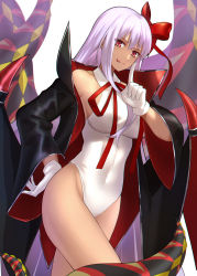 Rule 34 | 10s, 1girl, bat wings, bb (fate), bb (fate) (all), bb (swimsuit mooncancer) (fate), bb (swimsuit mooncancer) (third ascension) (fate), black coat, blush, breasts, closed mouth, coat, covered navel, fate/extra, fate/extra ccc, fate/grand order, fate (series), gloves, hair ribbon, highres, hip focus, index finger raised, large breasts, leotard, long hair, looking at viewer, neck ribbon, open clothes, open coat, popped collar, purple hair, red eyes, red ribbon, ribbon, shigure s, simple background, smile, solo, tan, tentacles, thighs, tongue, tongue out, very long hair, white background, white gloves, wide sleeves, wings