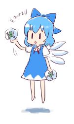 Rule 34 | 1girl, barefoot, blue hair, bow, cirno, dai-oki, dress, floating, frog, frozen frog, hair bow, ice, ice wings, neck ribbon, open mouth, ribbon, short hair, short sleeves, simple background, solo, touhou, translated, white background, wings, | |