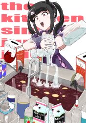 Rule 34 | 1girl, :d, alcohol, black hair, black hairband, black horns, blunt bangs, bottle, can, carton, commentary request, demon horns, denonbu, dress, drink can, ear piercing, earrings, fake horns, faucet, hair ornament, hair ribbon, hairband, heart, heart earrings, highres, holding, holding bottle, horns, jewelry, long hair, minute maid, open mouth, piercing, pink eyes, pink ribbon, plastic bottle, pouring, puffy short sleeves, puffy sleeves, purple dress, red bull, reml, ribbon, shimoyagi, short sleeves, sink, smile, soda can, solo, standing, twintails, wine, wrist cuffs, x hair ornament