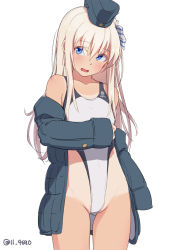 Rule 34 | 1girl, 4690 (tkpbsk), black hat, black jacket, blonde hair, blue eyes, commentary request, competition swimsuit, cowboy shot, flat chest, garrison cap, hat, highleg, highleg swimsuit, jacket, kantai collection, long hair, looking at viewer, one-hour drawing challenge, one-piece swimsuit, one-piece tan, open mouth, simple background, solo, standing, swimsuit, swimsuit under clothes, tan, tanline, twitter username, u-511 (kancolle), white background, white one-piece swimsuit