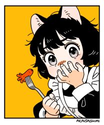 Rule 34 | 1girl, akai sashimi, animal ears, apron, artist name, black dress, black hair, border, cat ears, cat girl, covering own mouth, dress, food, food art, fork, frilled apron, frills, grey eyes, holding, holding fork, long sleeves, looking at viewer, original, short hair, simple background, solo, tako-san wiener, upper body, white apron, white border, yellow background