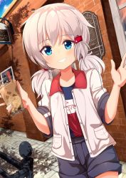 Rule 34 | 1girl, ame., azur lane, blue eyes, blue shorts, blush, brick wall, bubble tea, collared jacket, commentary request, cup, day, denver (azur lane), disposable cup, drinking straw, dutch angle, grey hair, grin, hair between eyes, hair ornament, hair tie, hands up, highres, holding, holding cup, jacket, low twintails, open clothes, open jacket, outdoors, railing, shirt, short shorts, short sleeves, short twintails, shorts, smile, solo, twintails, white jacket