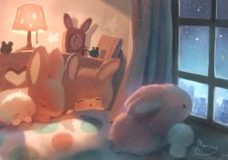 Rule 34 | 3others, :o, = =, afro, ambiguous gender, animal, animal ears, bad id, bad pixiv id, bed, rabbit, clock, closed eyes, commentary request, curtains, closed eyes, indoors, lamp, manino (mofuritaionaka), multiple others, night, original, rabbit ears, signature, sleeping, star (sky), star (symbol), u u, under covers, window