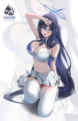 Rule 34 | 1girl, absurdres, armpits, black hair, blue archive, blue eyes, blue hair, blue halo, blush, boots, breasts, cheerleader, cleavage, colored inner hair, commentary request, detached collar, gloves, hair between eyes, halo, halterneck, highres, large breasts, looking at viewer, millennium cheerleader outfit (blue archive), multicolored hair, multiple views, navel, open mouth, pleated skirt, rkin, saori (blue archive), skirt, star (symbol), thigh boots, white footwear, white gloves, white skirt, zoom layer