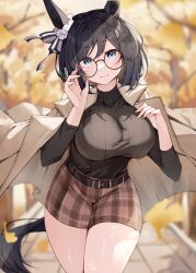 Rule 34 | 1girl, absurdres, animal ears, autumn, belt, black hair, blue eyes, blurry, blurry background, breasts, brown skirt, coat, coat on shoulders, cowboy shot, eishin flash (umamusume), glasses, highres, horse ears, horse girl, horse tail, looking at viewer, misoni (mi so ni t), open clothes, open coat, outdoors, plaid, plaid skirt, skirt, smile, solo, tail, umamusume