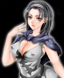 Rule 34 | 1041 (toshikazu), 1girl, black hair, breasts, brown eyes, capelet, cleavage, covered erect nipples, curvy, hairband, kazama jun, large breasts, leotard, lipstick, looking at viewer, makeup, mature female, namco, nipples, red eyes, short hair, simple background, solo, tekken, tekken 2, tekken tag tournament, tekken tag tournament 2