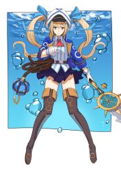 Rule 34 | 1girl, blonde hair, boots, bubble, hair between eyes, hat, highres, holding, holding staff, jacket, long hair, looking at viewer, megido72, michihasu, pleated skirt, pointing, pointing at viewer, shirt, skirt, solo, staff, striped clothes, striped shirt, thigh boots, thighhighs, twintails, vepar (megido72), yellow eyes