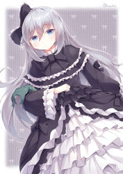Rule 34 | 1girl, absurdres, black bow, black dress, blue hair, bow, called by the grave, dress, duel monster, frilled bow, frilled dress, frills, ghost belle &amp; haunted mansion, gothic lolita, grey hair, hair bow, highres, honeycomb (pattern), honeycomb background, kanzakietc, lolita fashion, long dress, long hair, looking at viewer, solo, wide sleeves, yu-gi-oh!