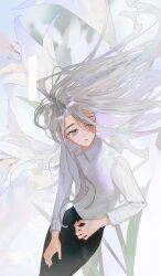 Rule 34 | 1girl, :|, black pants, blush, buttoned cuffs, closed mouth, collared shirt, cowboy shot, dutch angle, english text, expressionless, flat chest, floating hair, flower, frost fog, grey eyes, grey hair, highres, long hair, long sleeves, looking to the side, original, pants, parted bangs, shadow, shirt, shirt tucked in, sidelighting, sidelocks, solo, surgeon cuffs, white flower, white shirt, wing collar