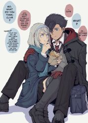 Rule 34 | 1boy, 1girl, alternate universe, bag, black coat, black hair, blue eyes, blue scarf, clive rosfield, coat, contemporary, couple, eating, english text, final fantasy, final fantasy xvi, gloves, grey eyes, grey hair, hairband, hand on another&#039;s knee, hand on another&#039;s leg, hand on another&#039;s shoulder, highres, hood, hood down, hooded coat, jill warrick, pleated skirt, red gloves, scarf, school bag, sitting, sitting on lap, sitting on person, skirt, slackertherubycat, speech bubble, thighhighs