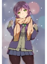 Rule 34 | 1girl, black thighhighs, blazer, blue jacket, blue skirt, blurry, blush, bokeh, bow, bowtie, brown scarf, cardigan, clenched hands, cowboy shot, depth of field, duke (inu daimyou), green bow, green bowtie, green eyes, grey cardigan, hands up, head tilt, jacket, long hair, long sleeves, looking at viewer, love live!, love live! school idol festival, love live! school idol project, miniskirt, plaid, plaid scarf, pleated skirt, purple hair, scarf, skirt, sleeves past wrists, smile, snowing, solo, thighhighs, tojo nozomi, twintails, winter gloves